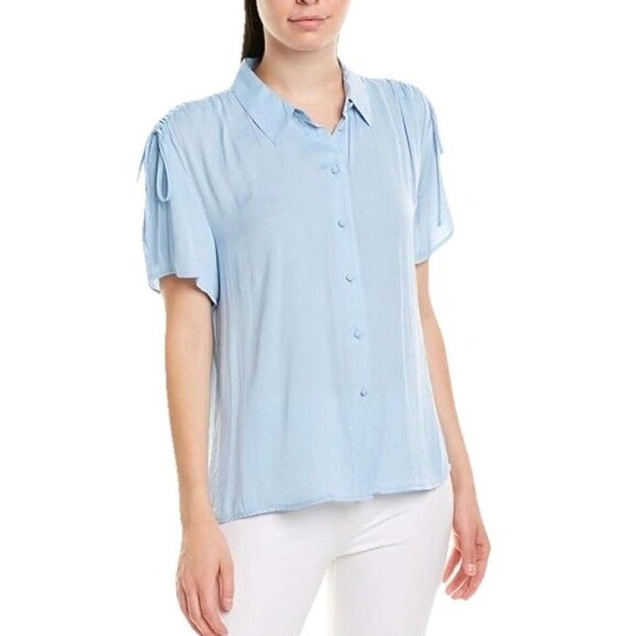 Vince Camuto Drawstring Ruched Sleeve Blouse XS Black Silky Satin - Picture 9 of 9